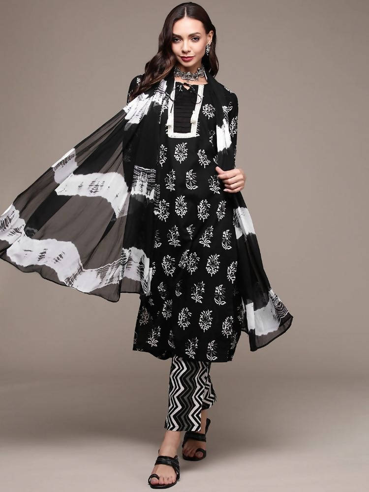 Anubhutee Black Printed Pure Cotton Kurta with Trousers & With Dupatta - Distacart