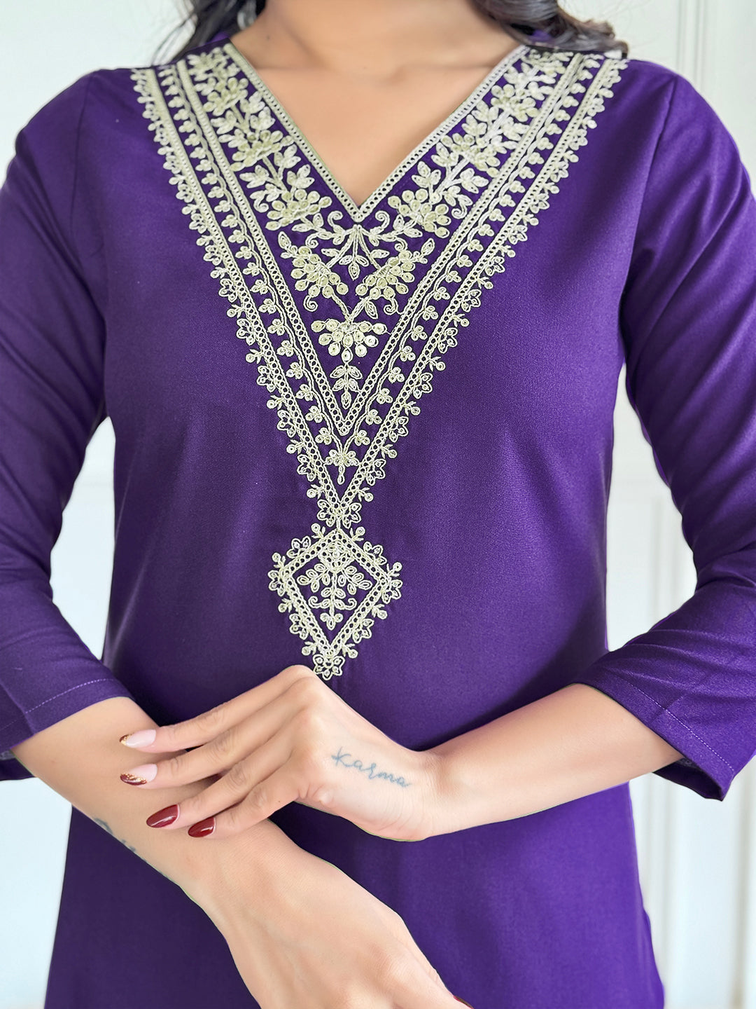 The52 Violet Rayon Slub Fabric Straight Kurta, Pant and Dupatta Set