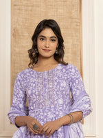 Thumbnail for Yufta Violet Floral Print Anarkali Style Kurta And Trousers With Dupatta Set