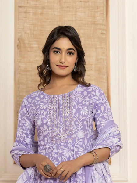 Yufta Violet Floral Print Anarkali Style Kurta And Trousers With Dupatta Set