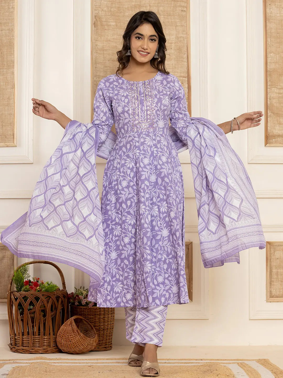 Yufta Violet Floral Print Anarkali Style Kurta And Trousers With Dupatta Set - Distacart
