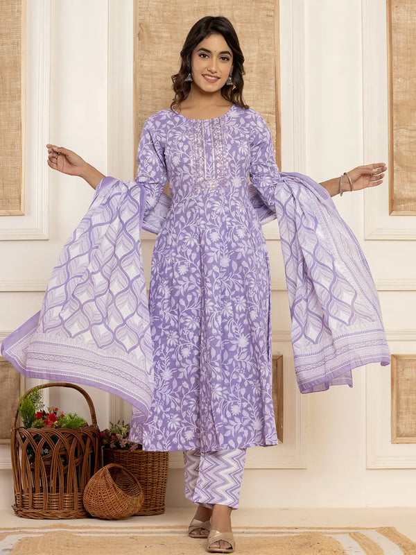 Yufta Violet Floral Print Anarkali Style Kurta And Trousers With Dupatta Set