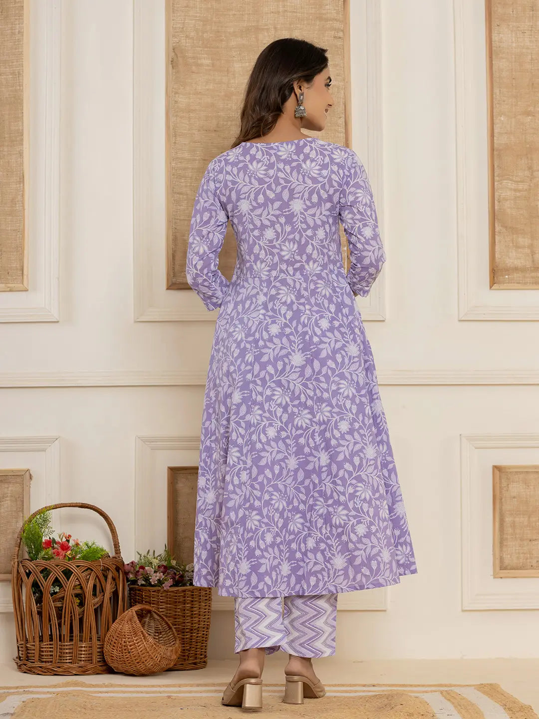 Yufta Violet Floral Print Anarkali Style Kurta And Trousers With Dupatta Set