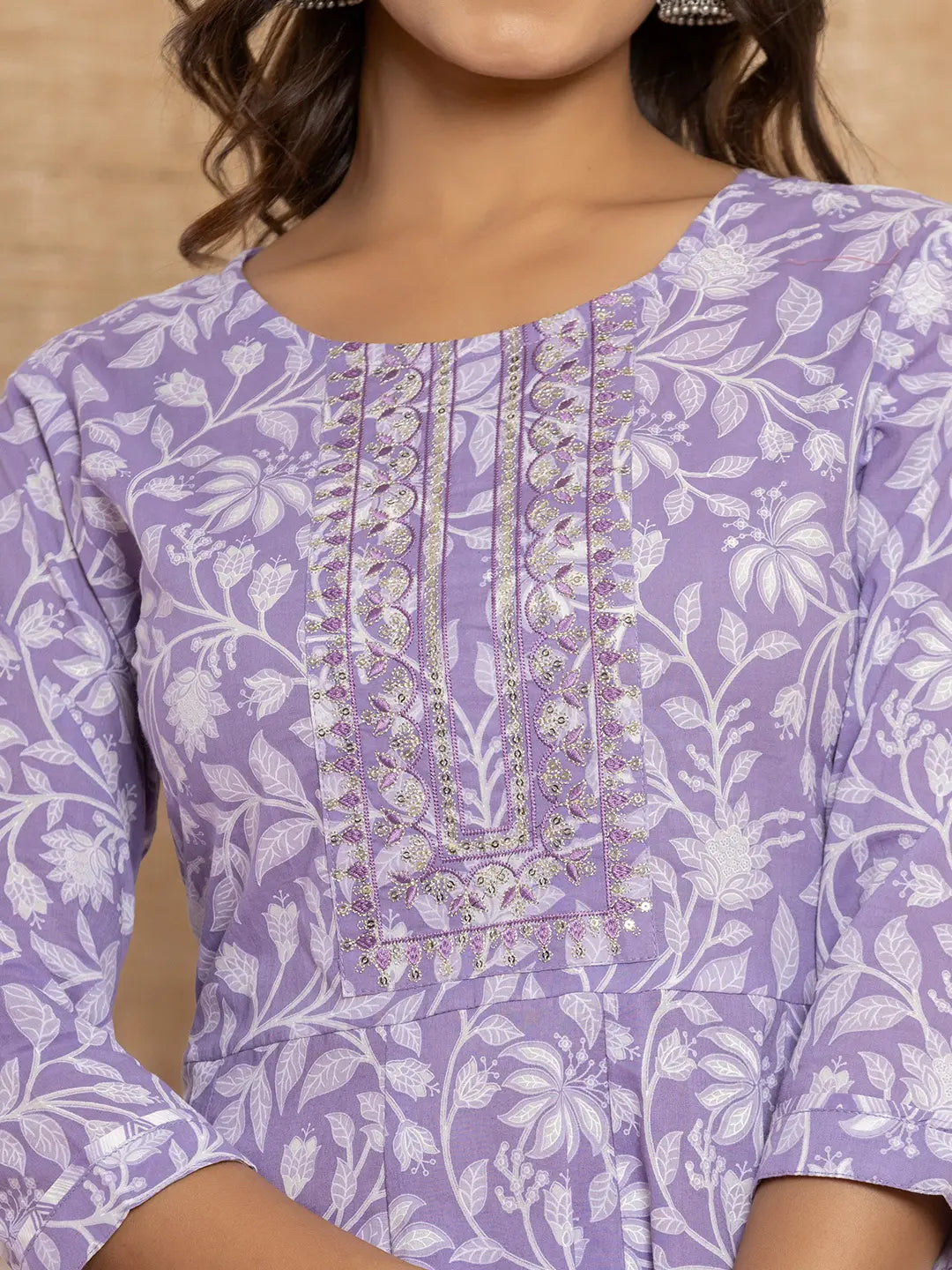Yufta Violet Floral Print Anarkali Style Kurta And Trousers With Dupatta Set