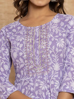 Thumbnail for Yufta Violet Floral Print Anarkali Style Kurta And Trousers With Dupatta Set