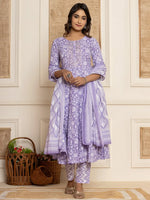 Thumbnail for Yufta Violet Floral Print Anarkali Style Kurta And Trousers With Dupatta Set