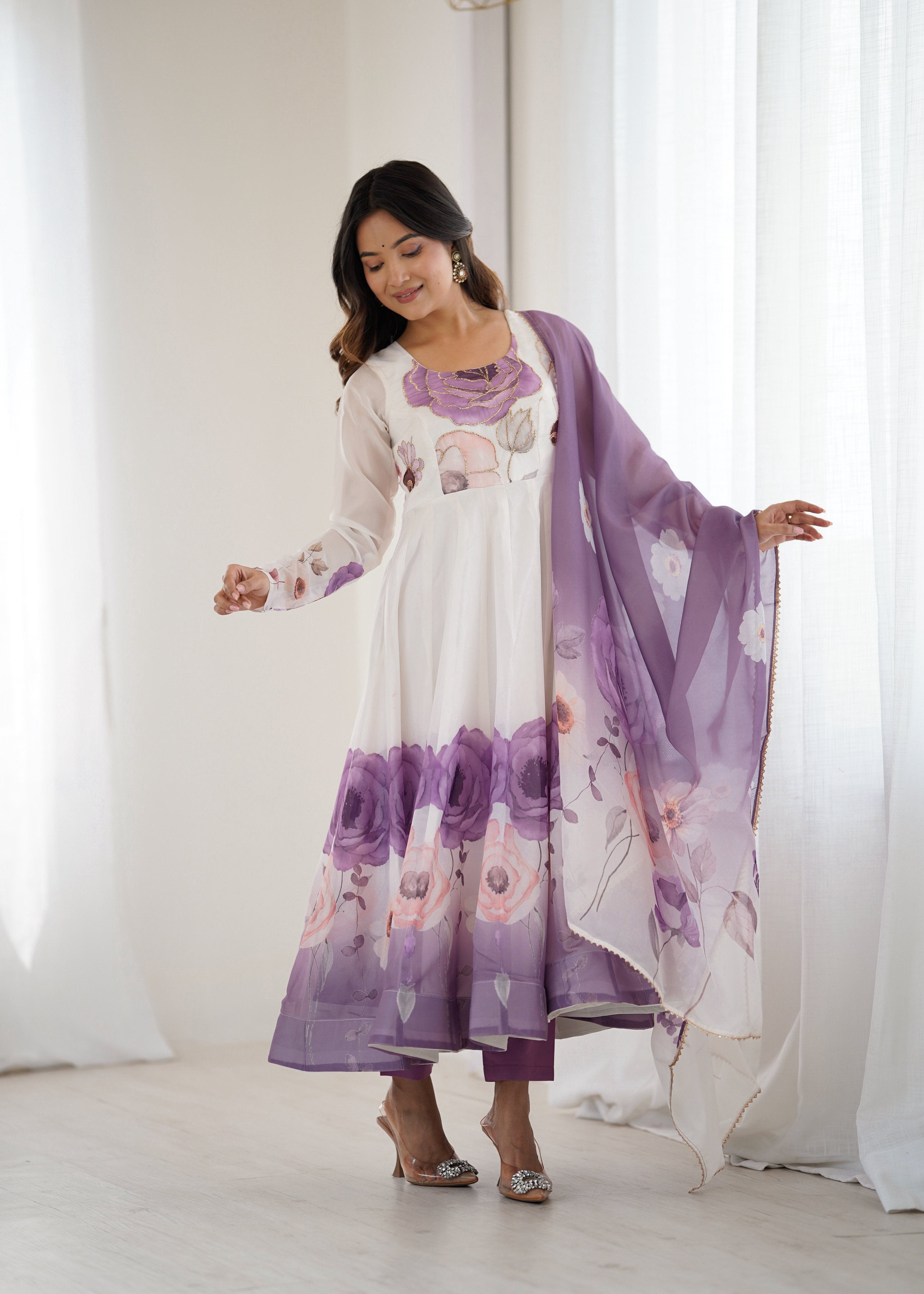 Lorenvalley Fashion Soft Organza Silk Front On Fancy Badla Jari Work Flower Position Print Outing Work Anarkali Kurta Pant With Dupatta Set - Distacart