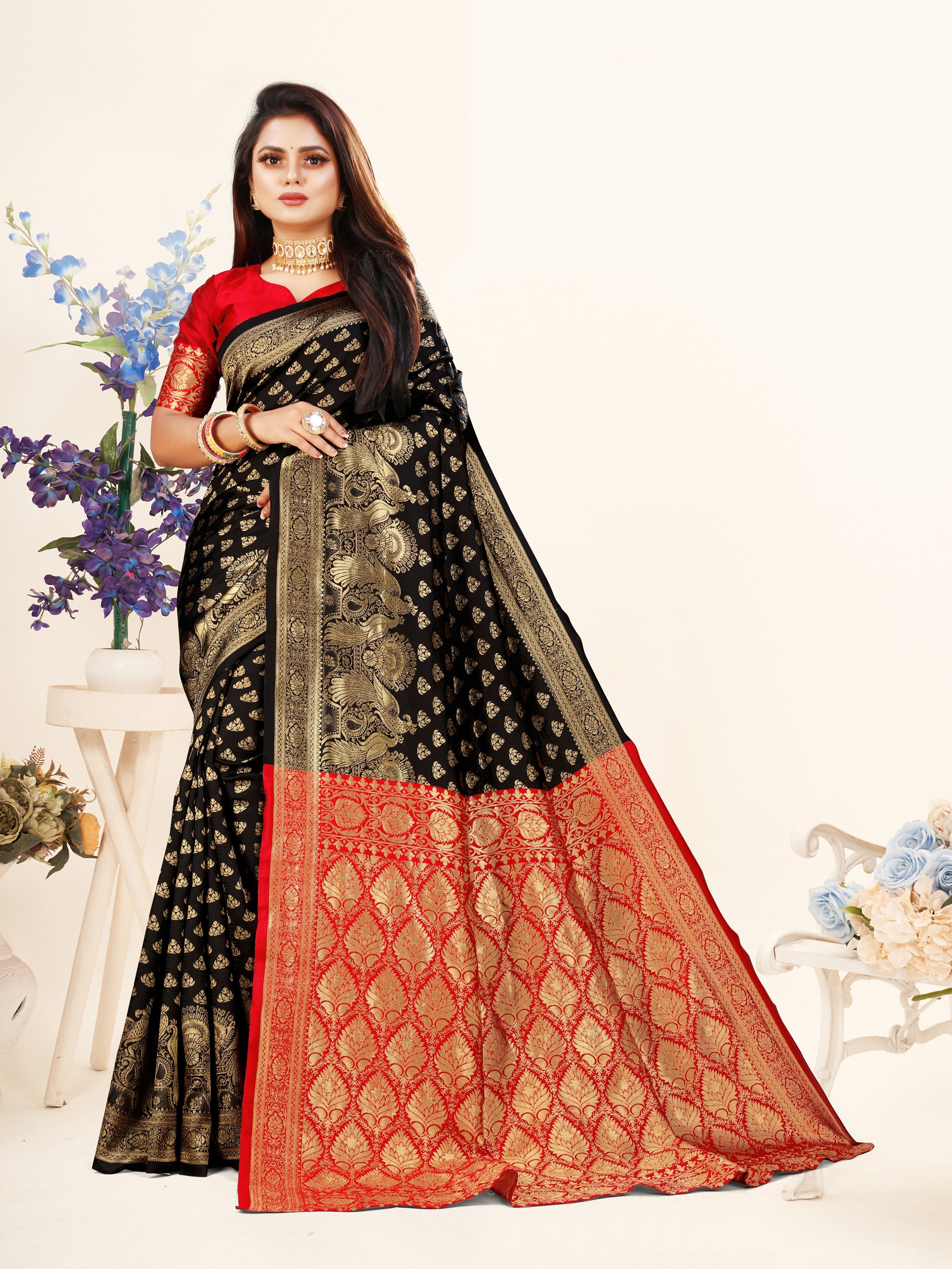 Vedant Vastram Litchi Silk Designer Banarasi Saree - Black - Distacart