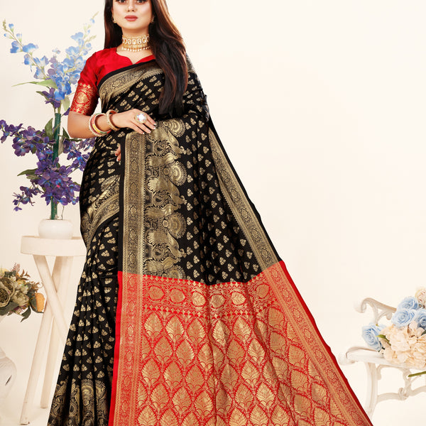 Vedant Vastram Litchi Silk Designer Banarasi Saree - Black - Distacart