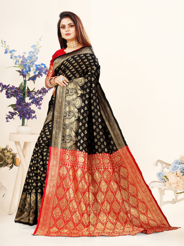 Vedant Vastram Litchi Silk Designer Banarasi Saree - Black - Distacart
