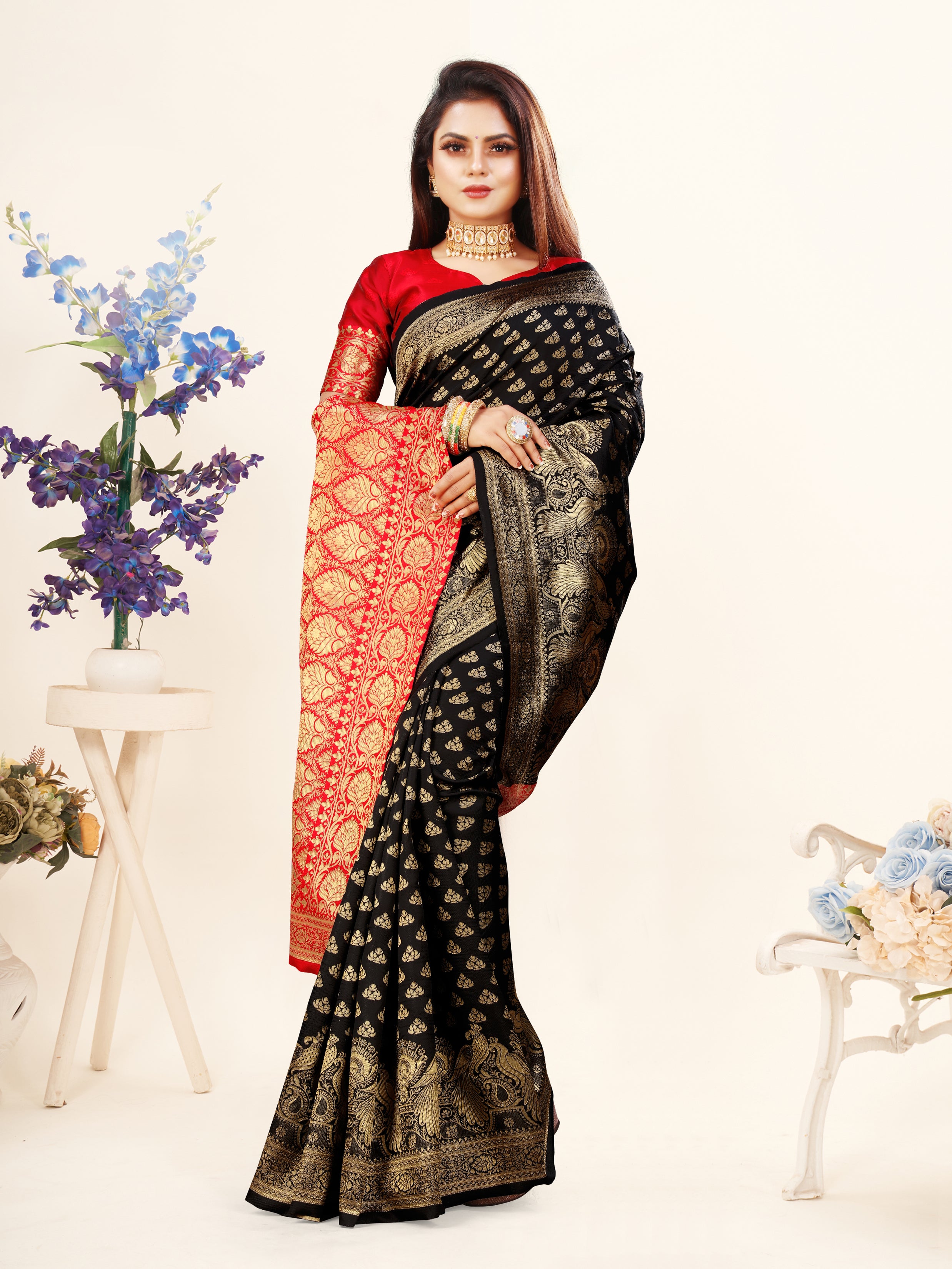 Vedant Vastram Litchi Silk Designer Banarasi Saree - Black - Distacart