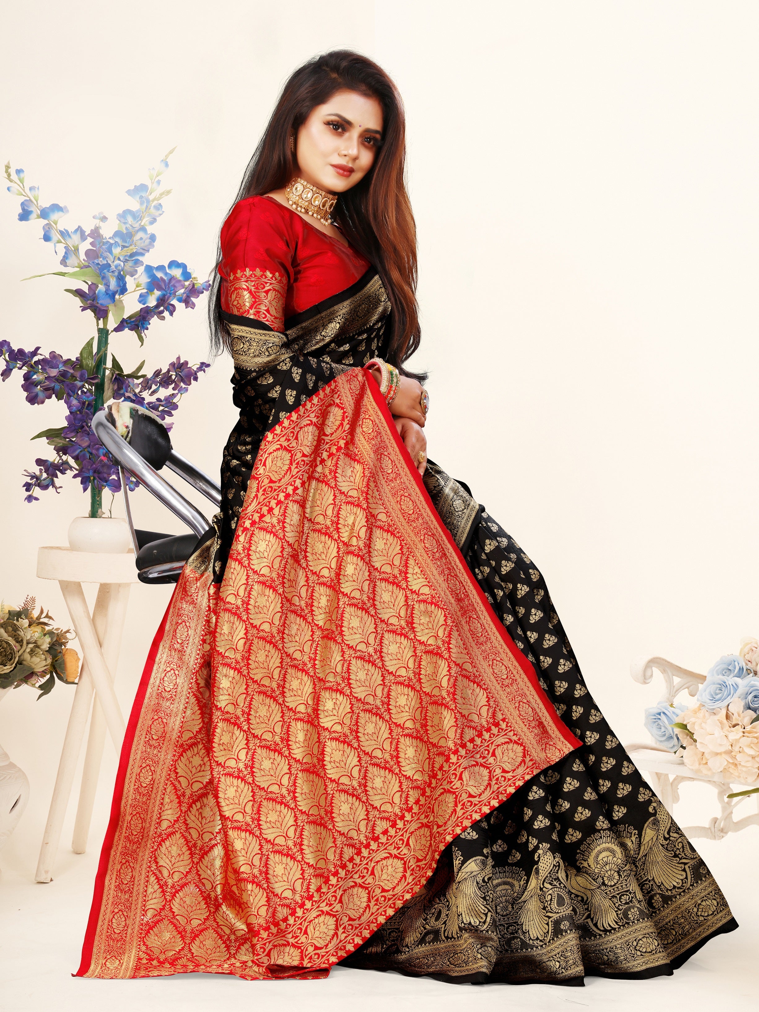 Vedant Vastram Litchi Silk Designer Banarasi Saree - Black - Distacart