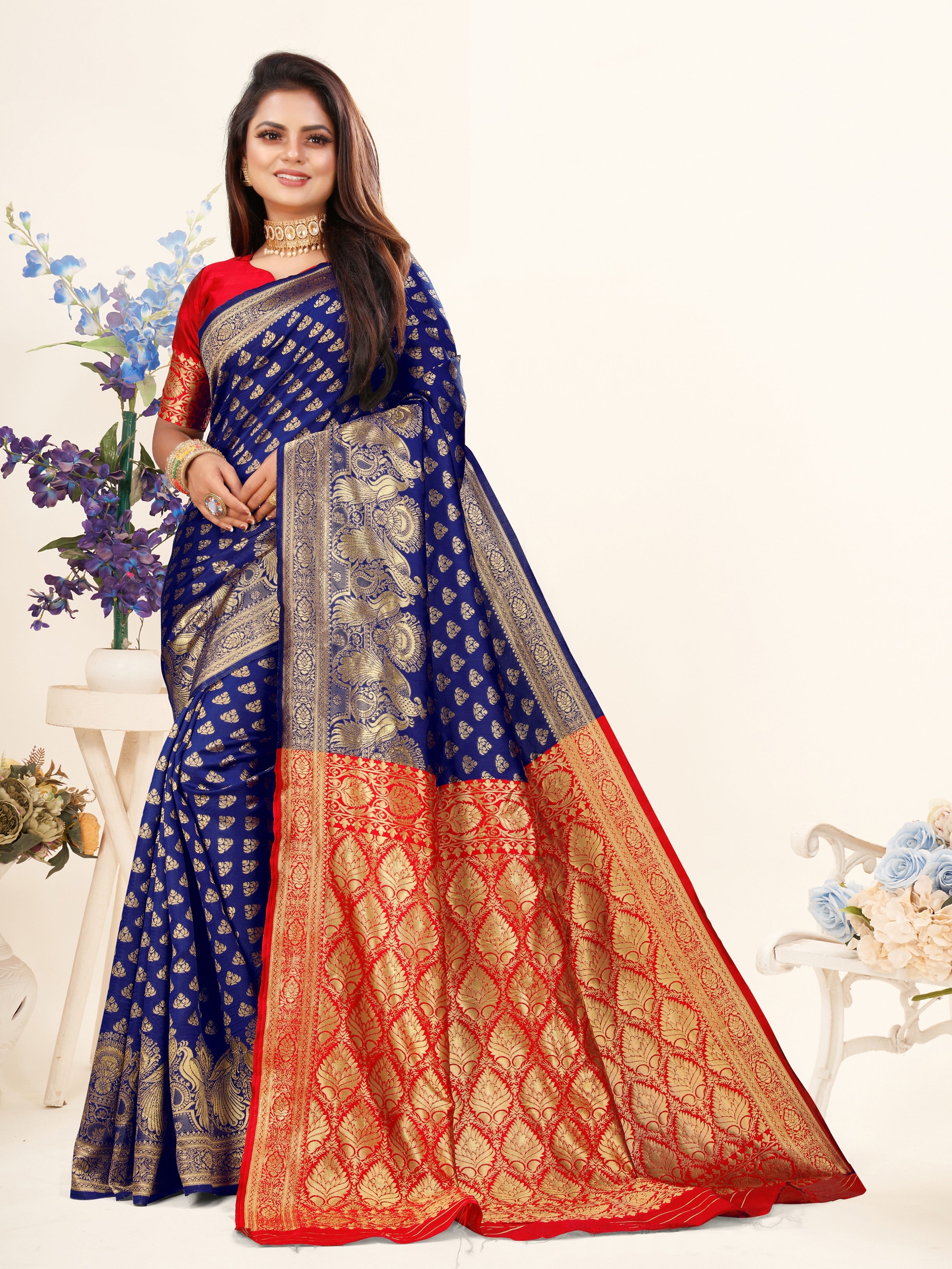 Vedant Vastram Litchi Silk Designer Banarasi Saree - Blue - Distacart