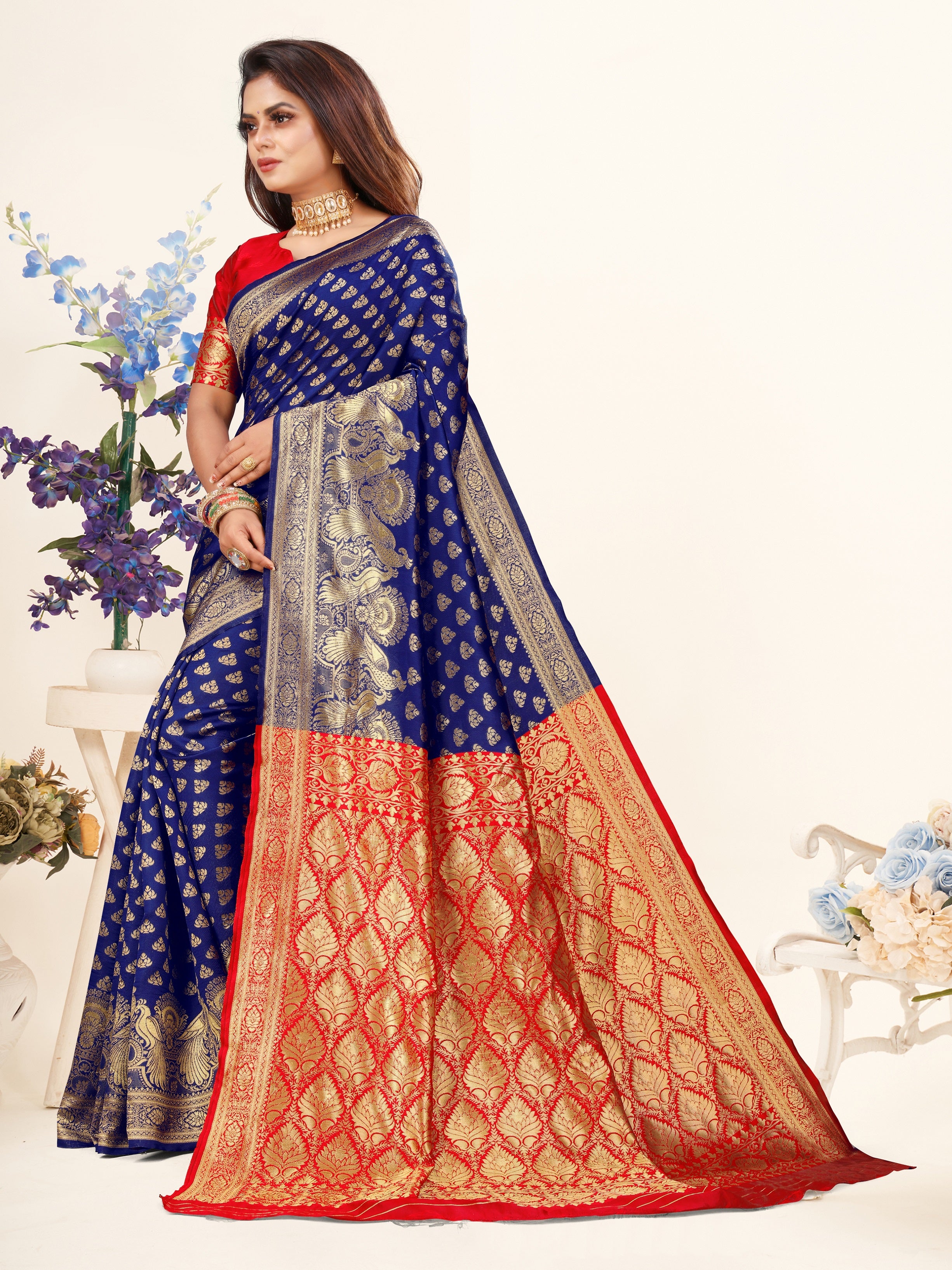 Vedant Vastram Litchi Silk Designer Banarasi Saree - Blue - Distacart