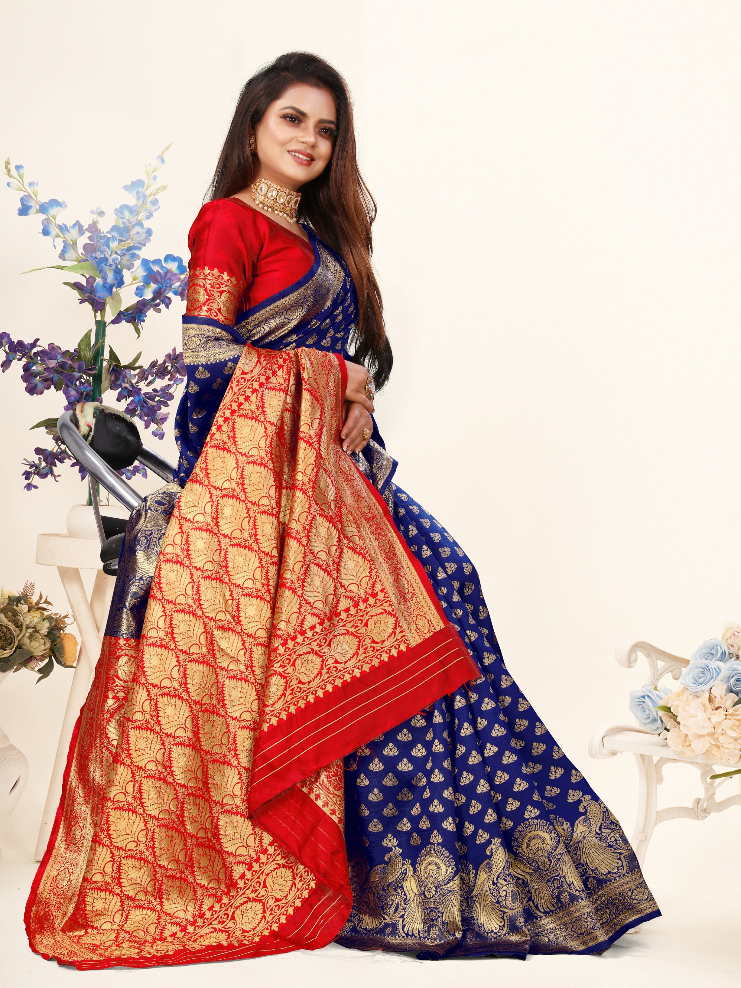 Vedant Vastram Litchi Silk Designer Banarasi Saree - Blue - Distacart