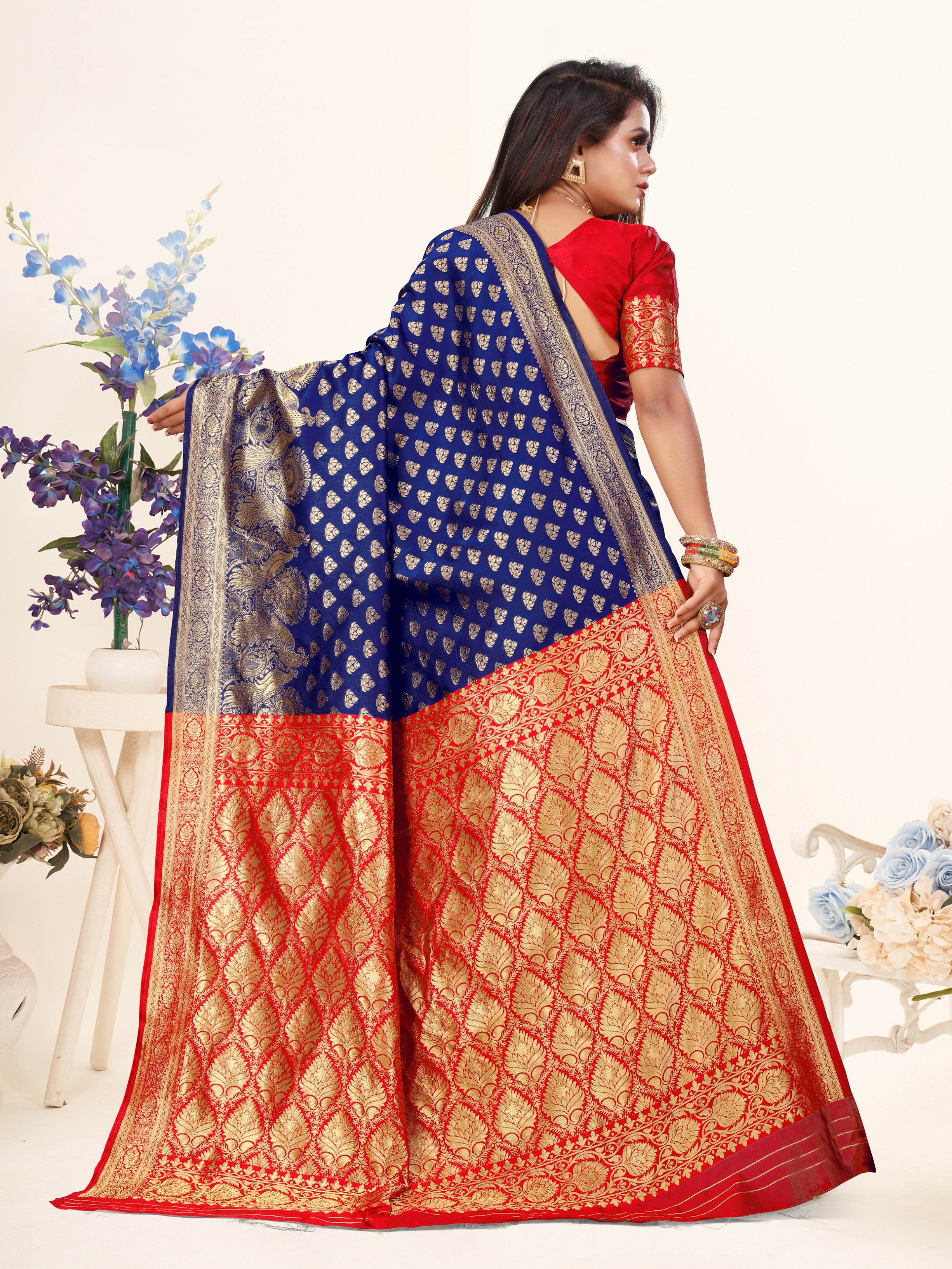 Vedant Vastram Litchi Silk Designer Banarasi Saree - Blue - Distacart