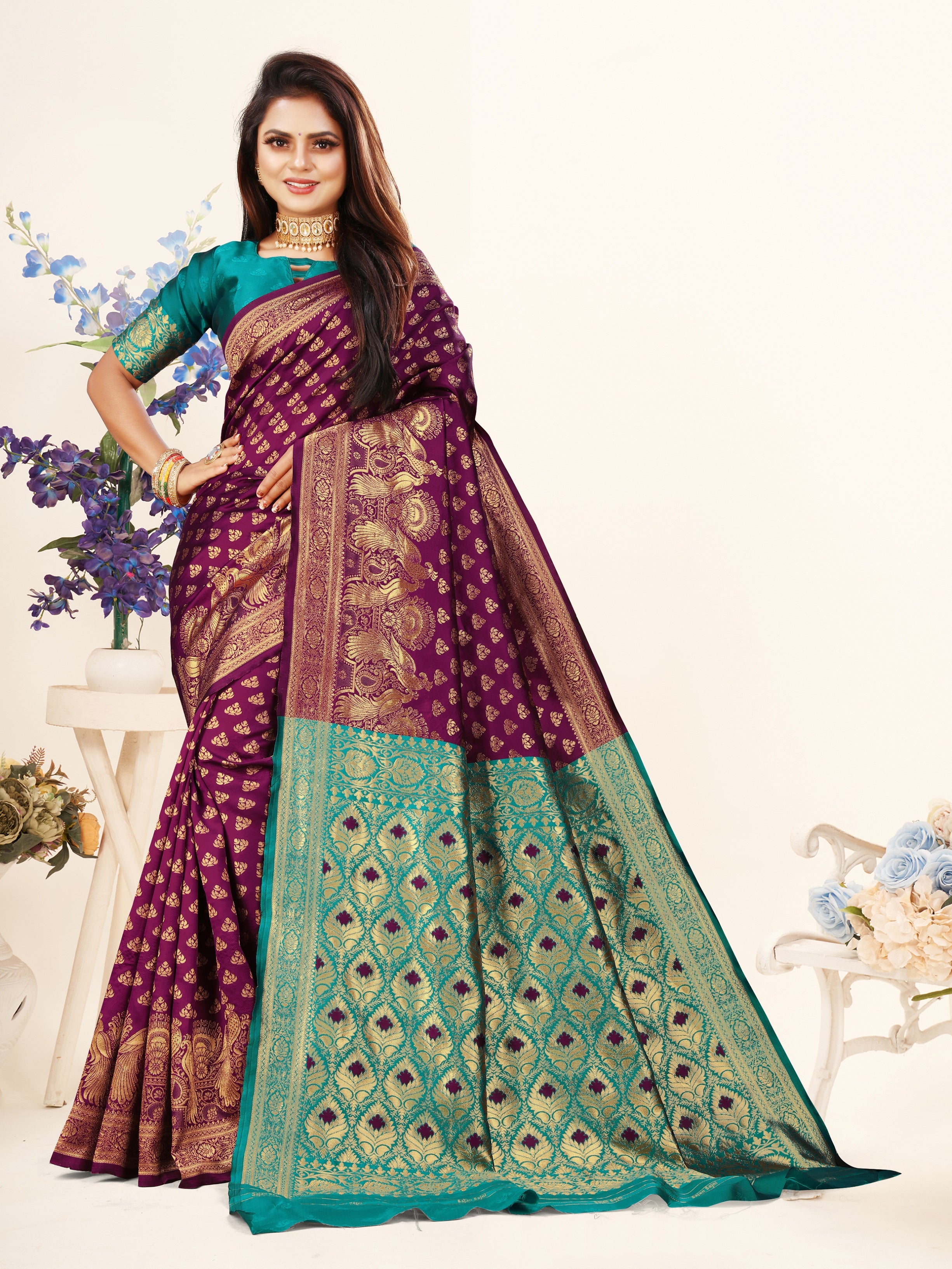 Vedant Vastram Litchi Silk Designer Banarasi Saree - Wine - Distacart