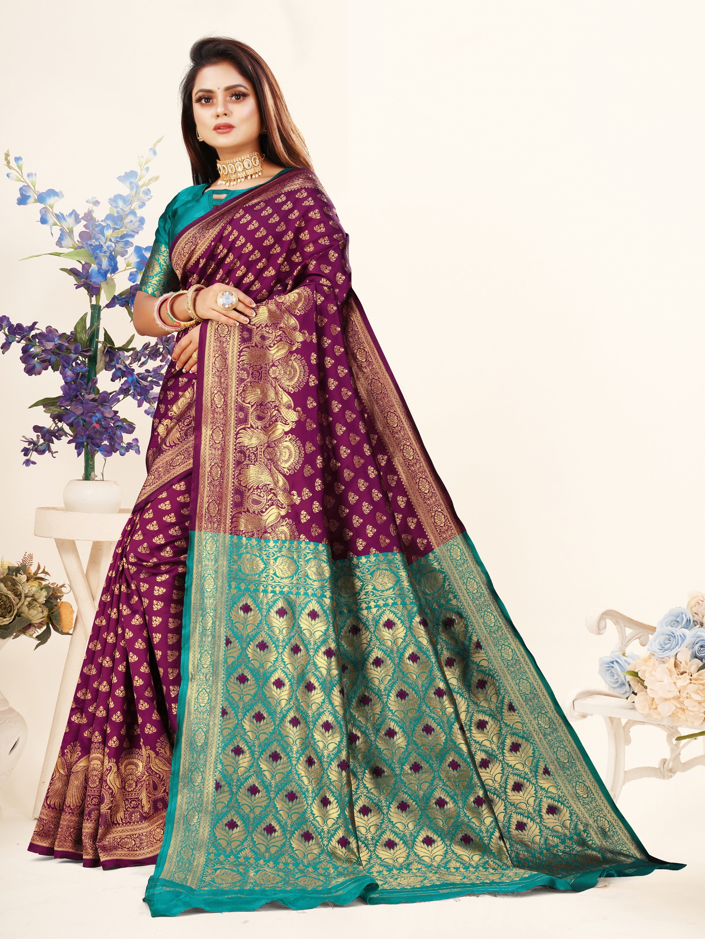Vedant Vastram Litchi Silk Designer Banarasi Saree - Wine - Distacart