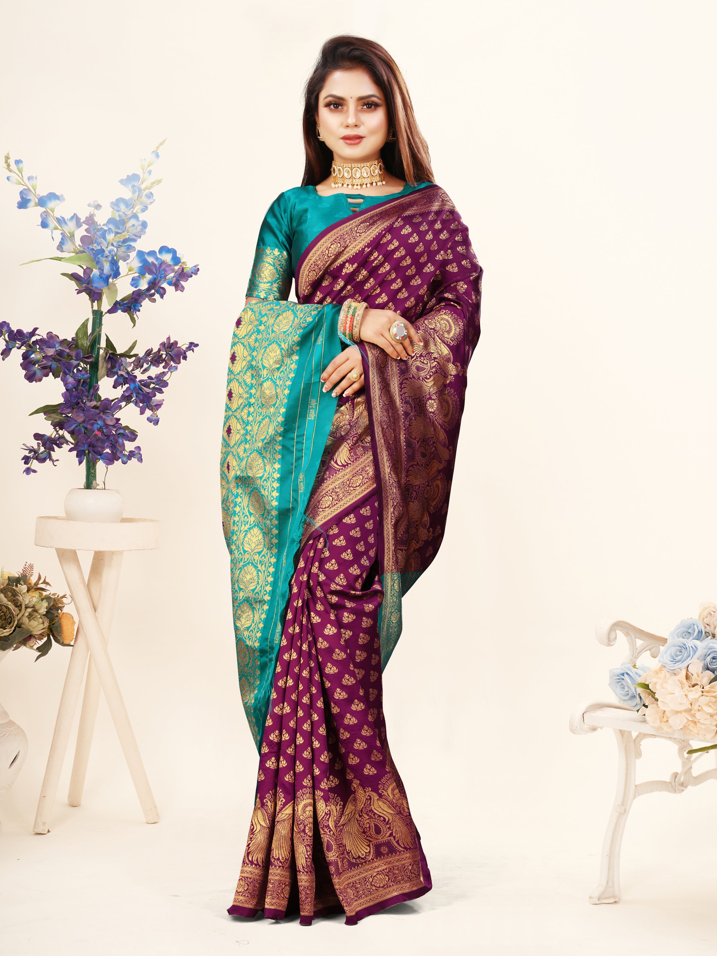 Vedant Vastram Litchi Silk Designer Banarasi Saree - Wine - Distacart