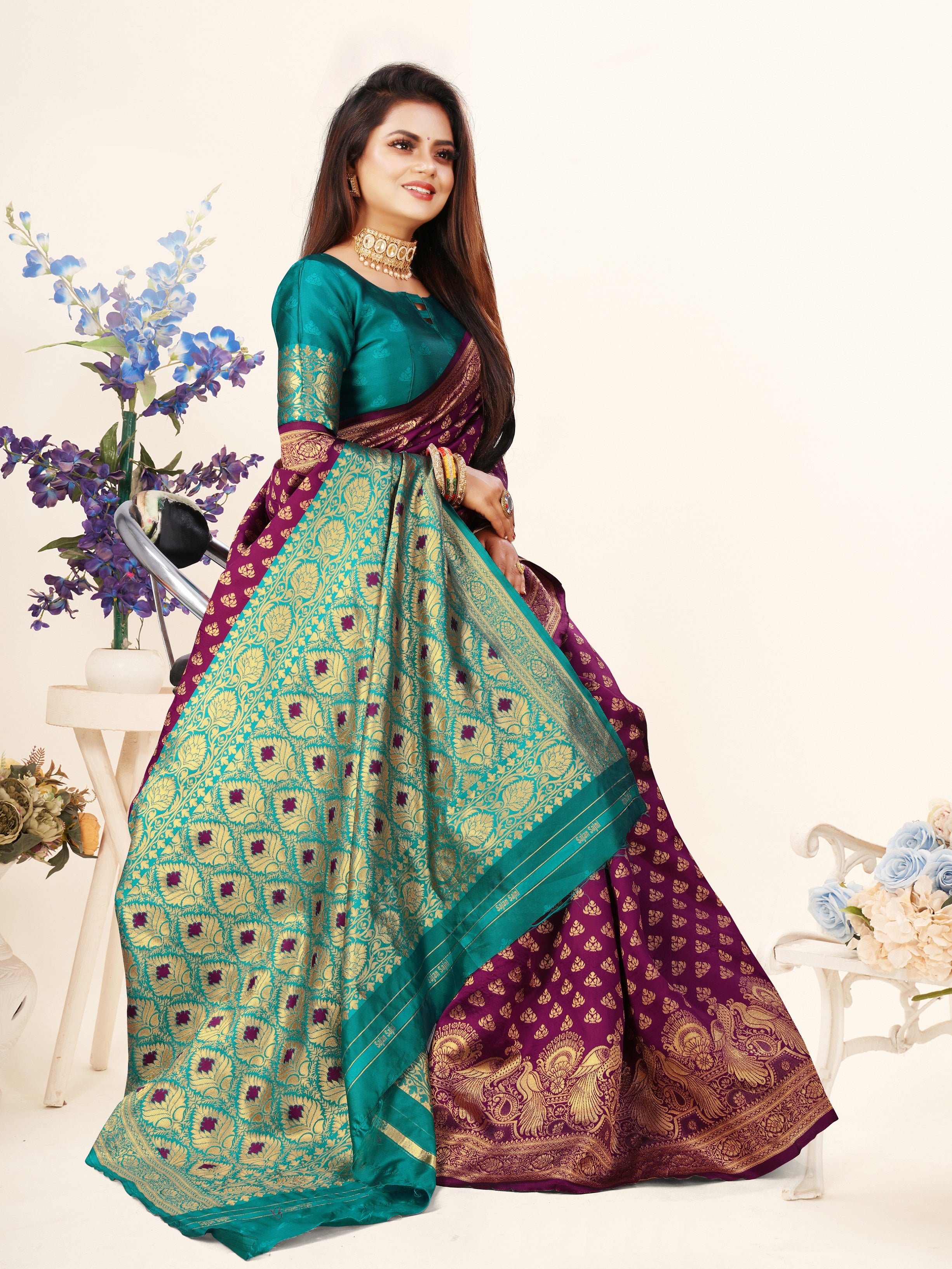Vedant Vastram Litchi Silk Designer Banarasi Saree - Wine - Distacart