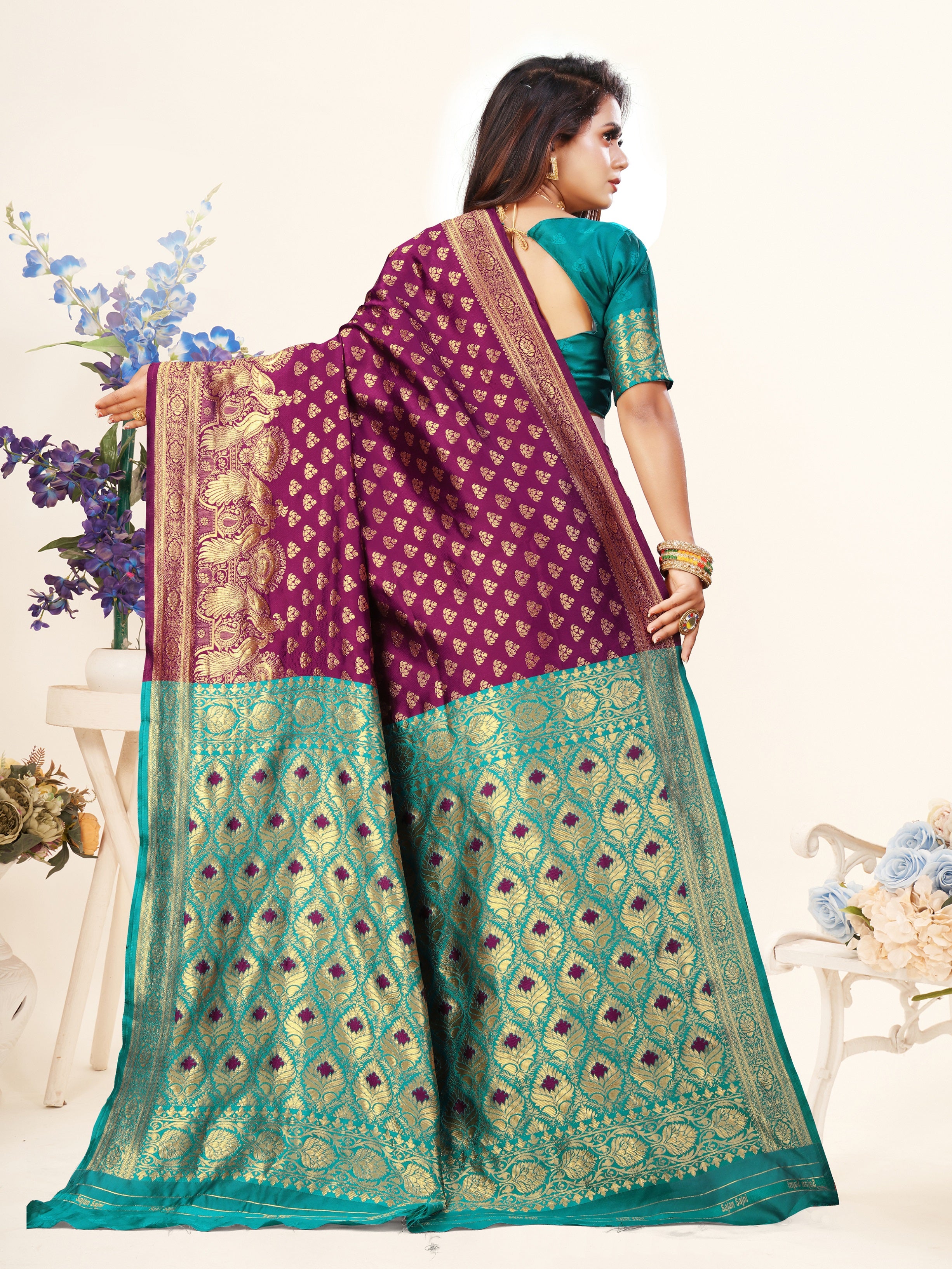 Vedant Vastram Litchi Silk Designer Banarasi Saree - Wine - Distacart