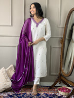 Thumbnail for Malishka Women's Offwhite Rayon Slub with inner Embroidery Kurta Set With Dupatta - Distacart