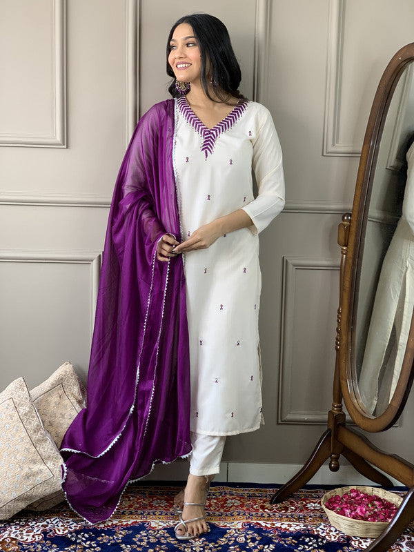 Malishka Women's Offwhite Rayon Slub with inner Embroidery Kurta Set With Dupatta - Distacart