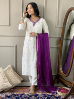 Thumbnail for Malishka Women's Offwhite Rayon Slub with inner Embroidery Kurta Set With Dupatta - Distacart