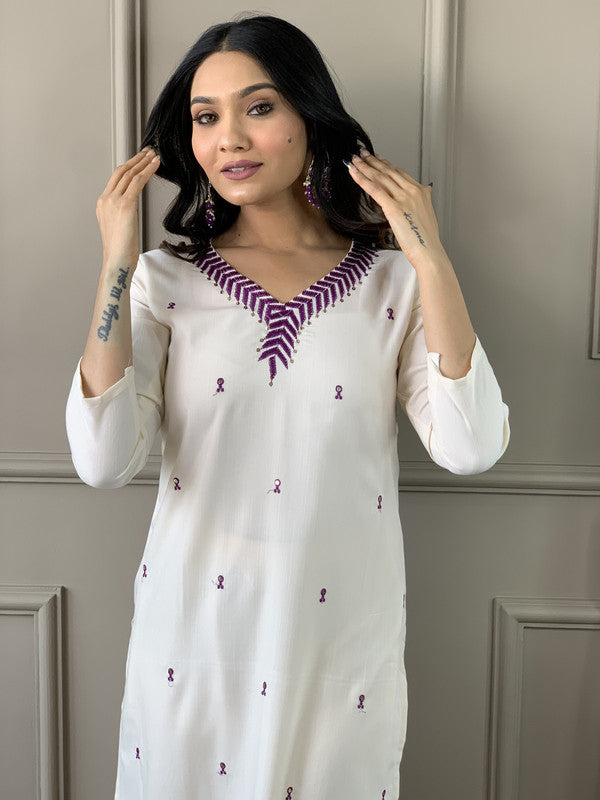 Malishka Women's Offwhite Rayon Slub with inner Embroidery Kurta Set With Dupatta - Distacart