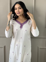 Thumbnail for Malishka Women's Offwhite Rayon Slub with inner Embroidery Kurta Set With Dupatta - Distacart