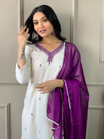 Thumbnail for Malishka Women's Offwhite Rayon Slub with inner Embroidery Kurta Set With Dupatta - Distacart