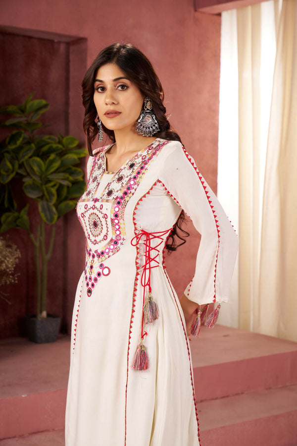 Joban Fashion white Palazzo Rayon Coding Dori with Sequence with Rivet Moti
