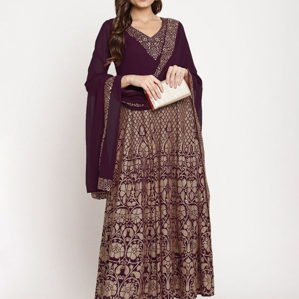 Ahalyaa Women's Wine Georgette Gold Foil Print Flared Kurta With Dupatta