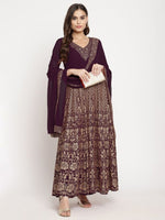 Thumbnail for Ahalyaa Women's Wine Georgette Gold Foil Print Flared Kurta With Dupatta