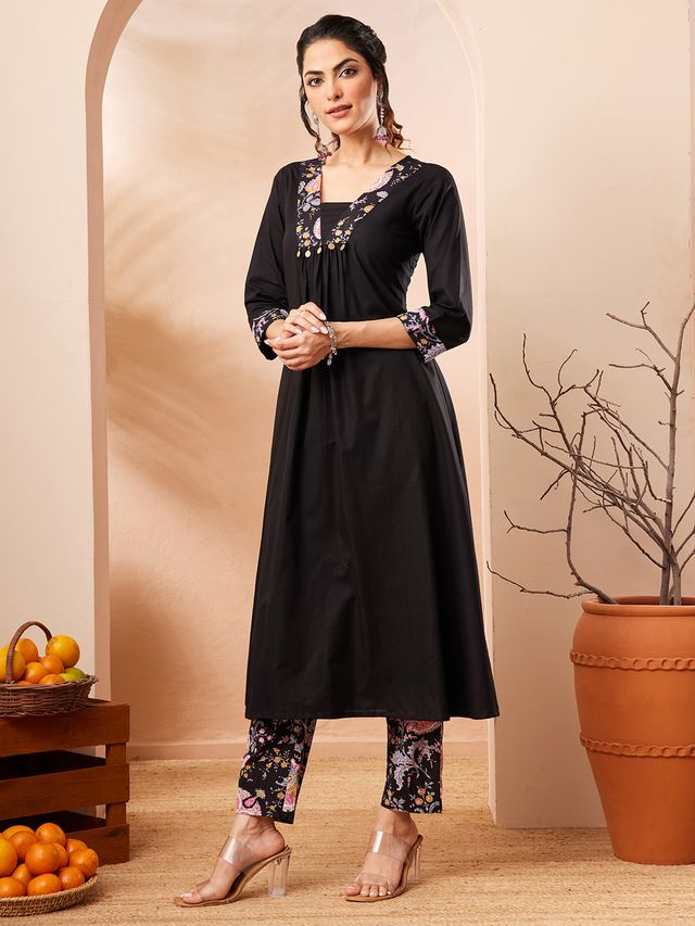 Janasya Black A-Line Cotton Kurta & Bottom - Dista