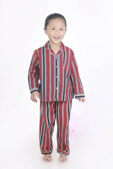 Breathables Kids Cotton Night Suit – Red Stripes Shirt & Pyjama Co-Ord Set For Boys & Girls - Dista