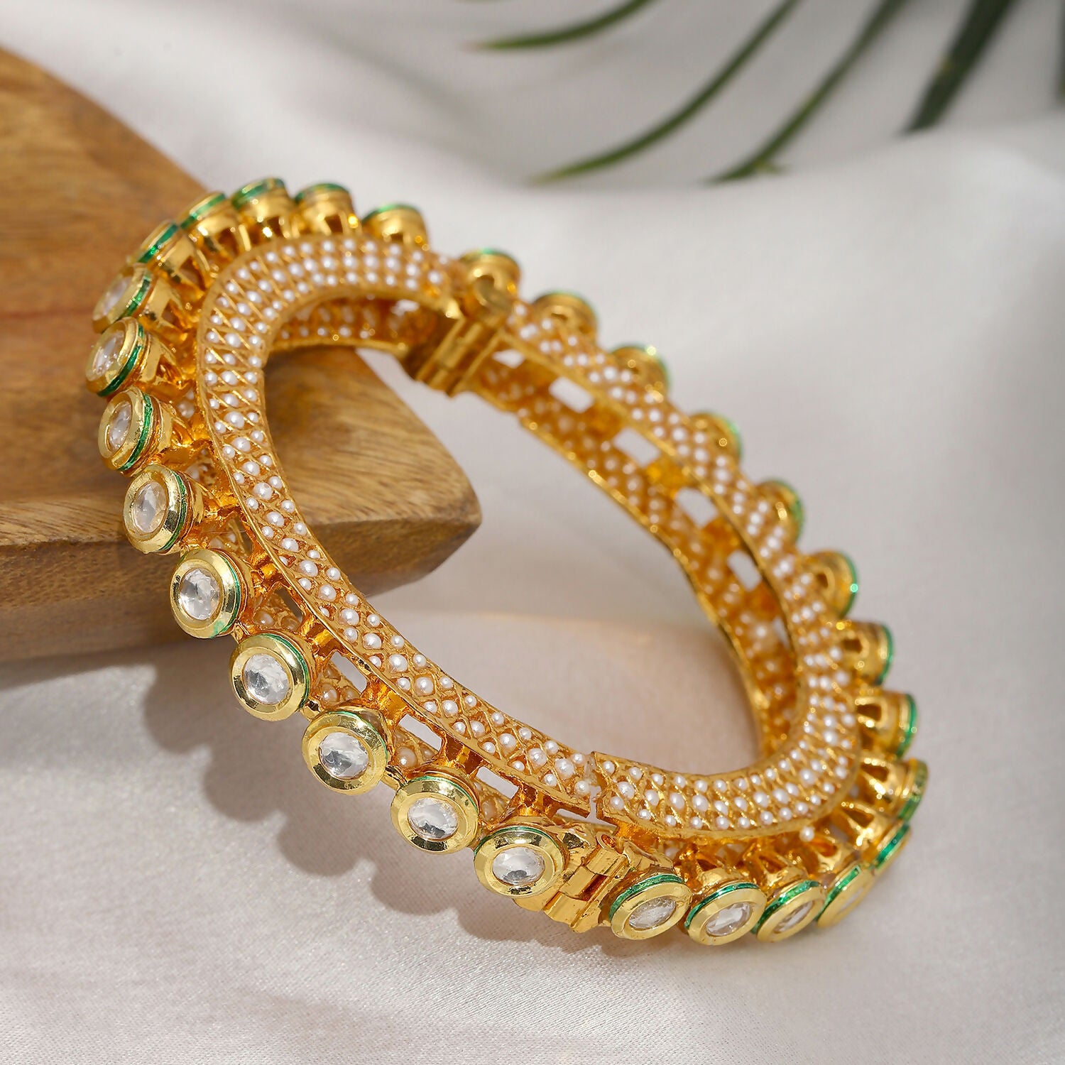 Kundan and Pearl Studded Bangle (Gold) - Ruby Raang - Distacart