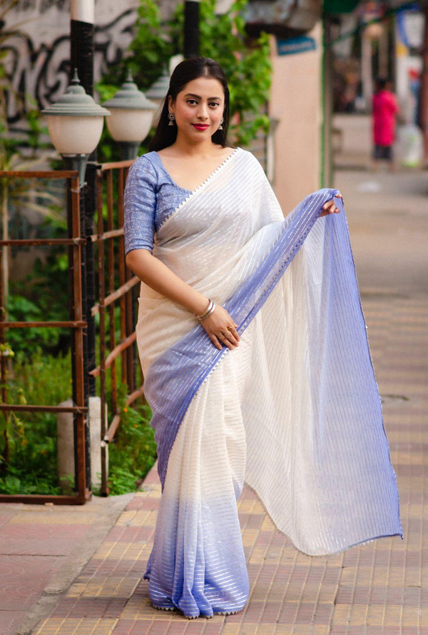 Lavender Poly Chiffon Striped Saree with Unstitched Blouse - Hiral Fashion - Distacart
