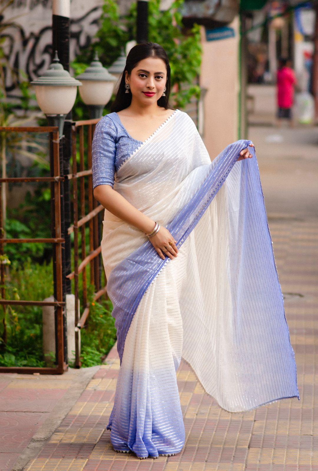 Lavender Poly Chiffon Striped Saree with Unstitched Blouse - A2M - Distacart