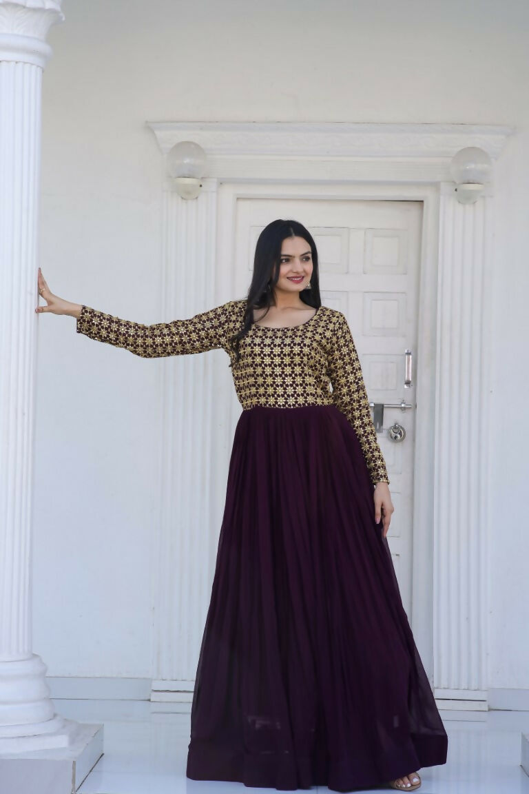 Jyoti Fashion Women's Wine Sequence Zari Embroidered Faux Blooming Anarkali Dress - Distacart