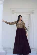 Thumbnail for Jyoti Fashion Women's Wine Sequence Zari Embroidered Faux Blooming Anarkali Dress - Distacart