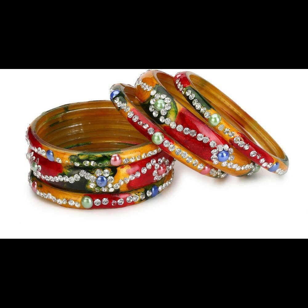Afast Bridal Wedding & Party Fashionable Colorful Glass Bangle/Kada Set, Pack Of 12 - Yellow, Red - Distacart