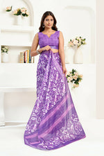 Thumbnail for Joban Fashion Purple  Floral And Bird Motifs Linen Ready To Wear Saree With Unstitched Blouse - Distacart