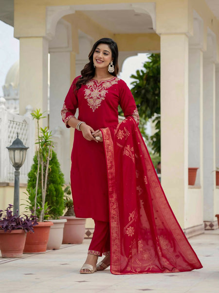 Preksha Creation Wedding Special Premium Roman Silk Coding Embroidery With Sequins Work Kurti Dupatta With Pant