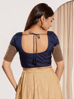 Thumbnail for Joban Fashion Navy Blue Taffeta Silk Padded Blouse With Round Neck Elbow Sleeves - Distacart