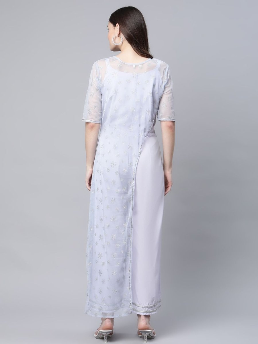 Ahalyaa Womens Blue Crepe & Net Silver Glitter Print Jumpsuit - Distacart