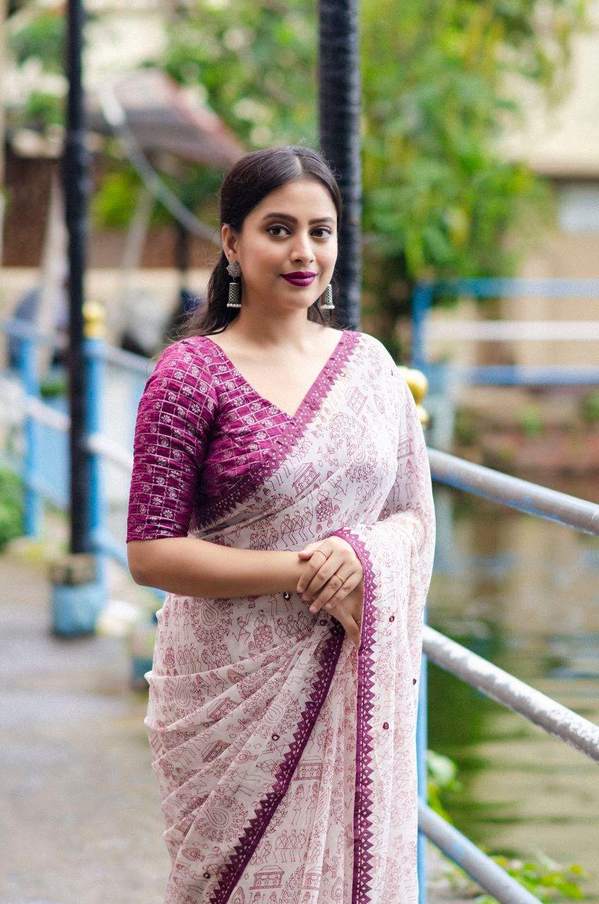 Purple Pure Georgette Warli Saree with Unstitched Blouse - A2M - Distacart