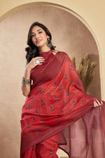Thumbnail for Vastranavya Rust Digital Printed Linen Ready To Wear Designer Saree with Unstitched Blouse - Distacart
