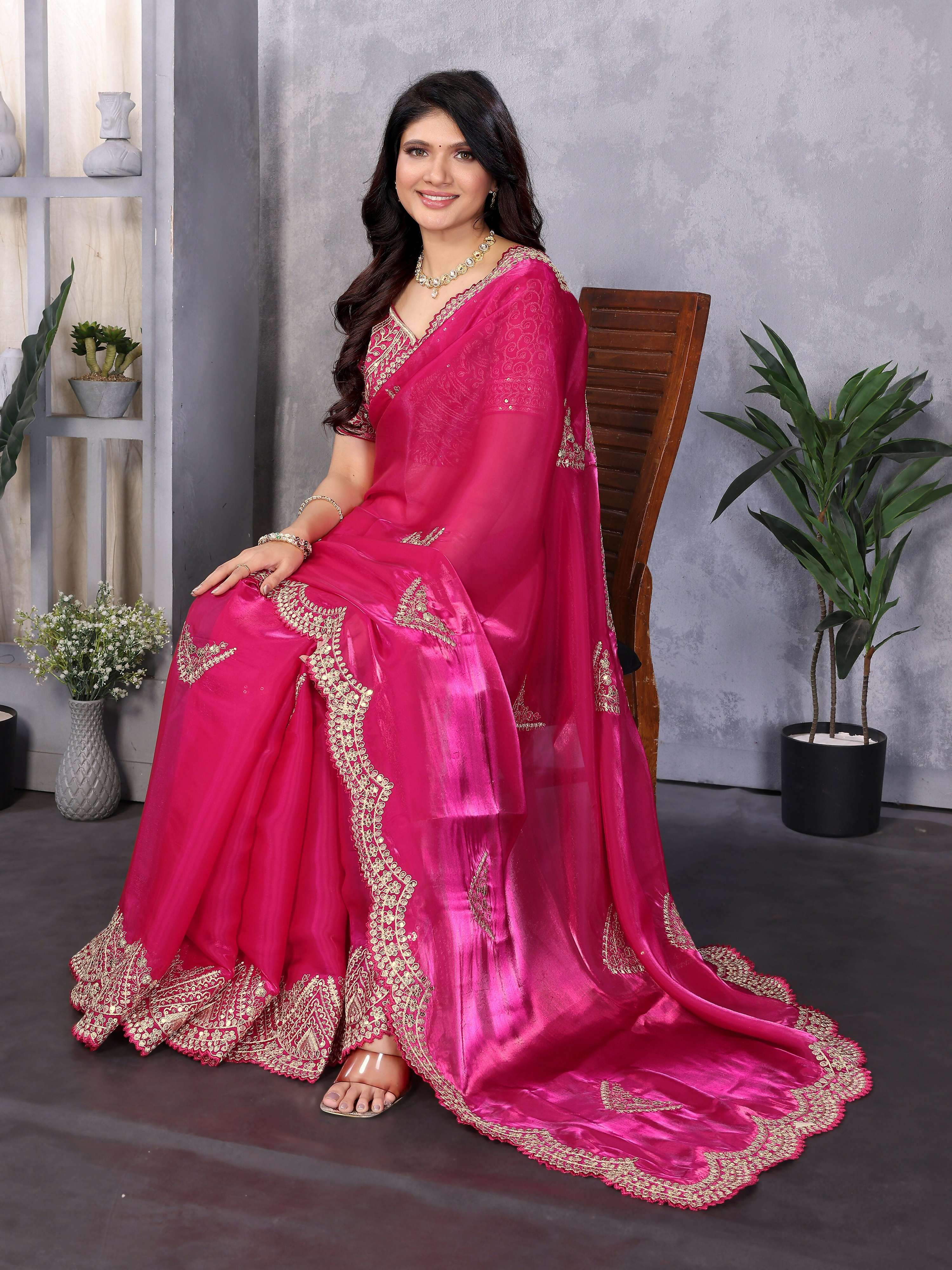 Vastranavya Pink Embroidery Work Shimmer Chiffon Saree with Unstitched Blouse