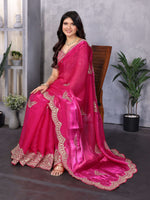 Thumbnail for Vastranavya Pink Embroidery Work Shimmer Chiffon Saree with Unstitched Blouse